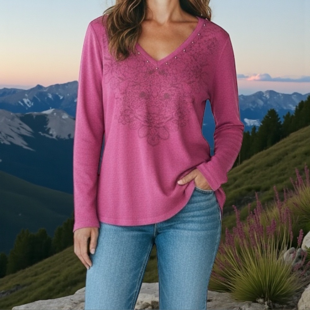 Bit & Bridle Sydney Studded Pink Long Sleeve Thermal Western Shirt Womens Large